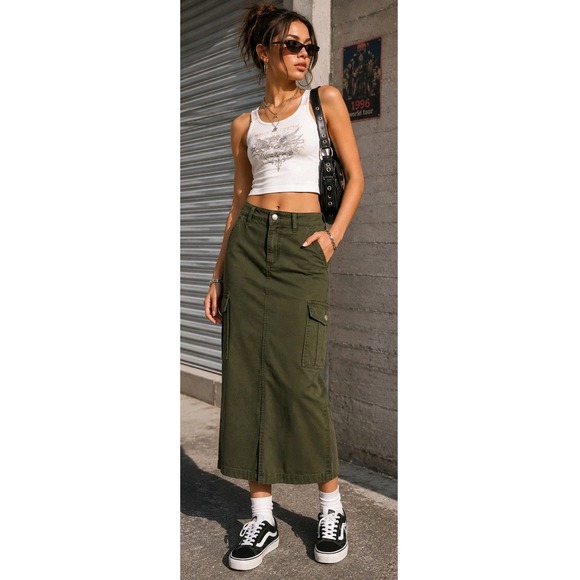 Simple Society Dresses & Skirts - Simple Society Y2K Olive Green Cargo Maxi Skirt Utility Military Streetwear L